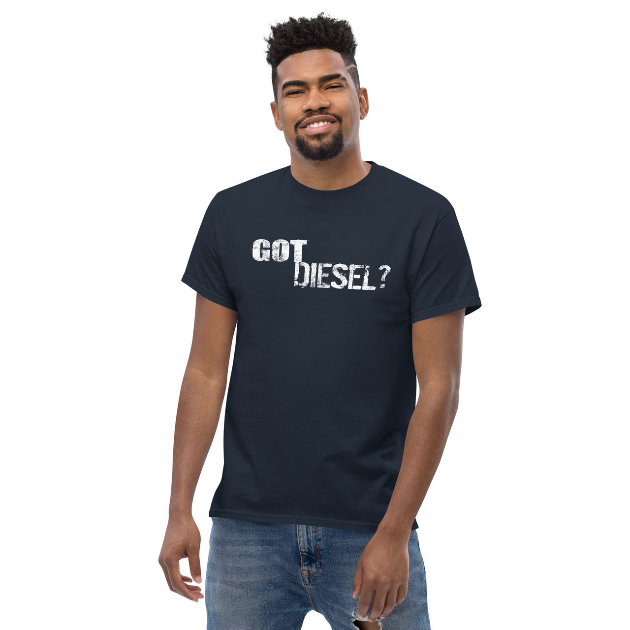 Got Diesel? Truck T-Shirt modeled in navyGot Diesel? Truck T-Shirt modeled in navy