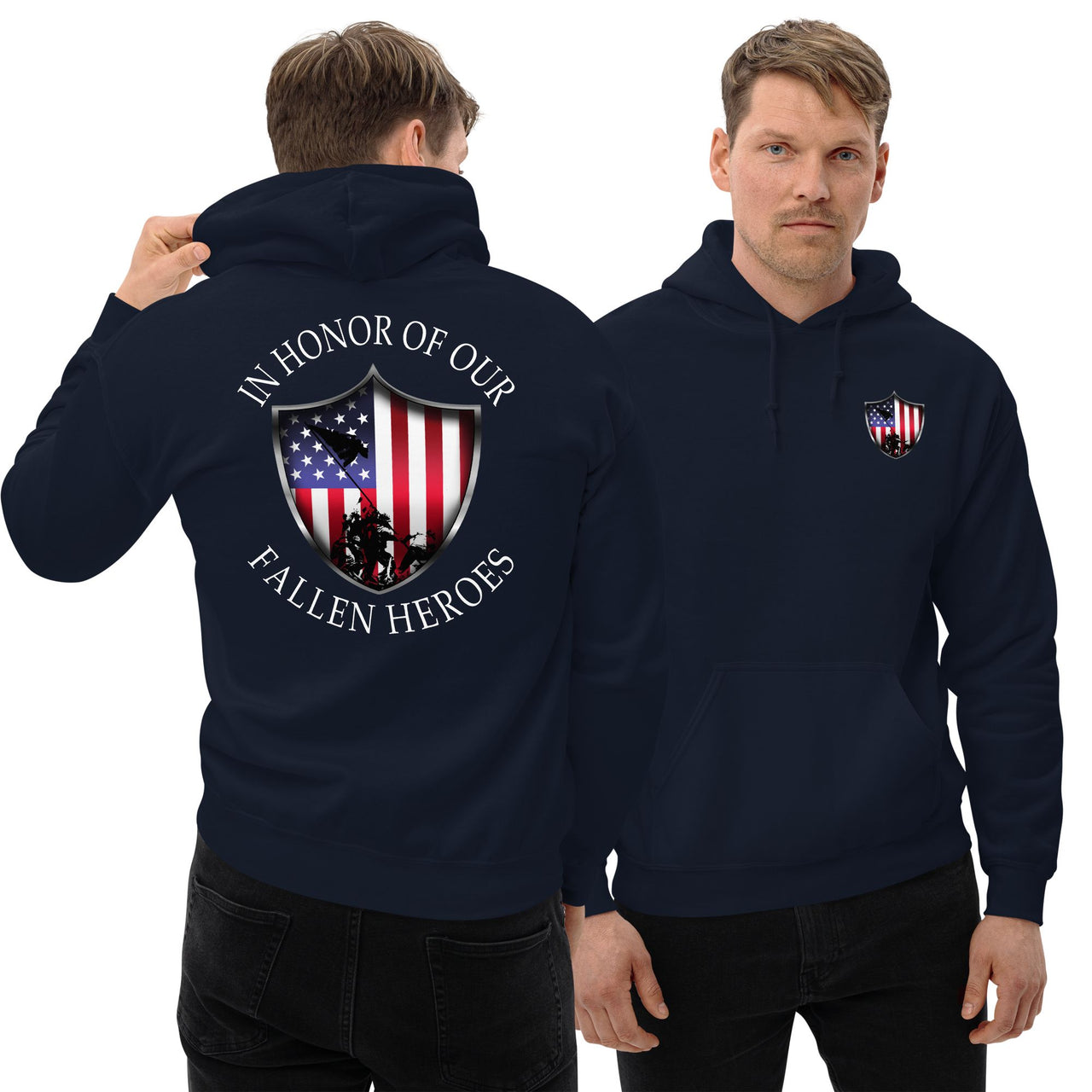 In Honor Of Our Fallen Military Hoodie modeled in navy