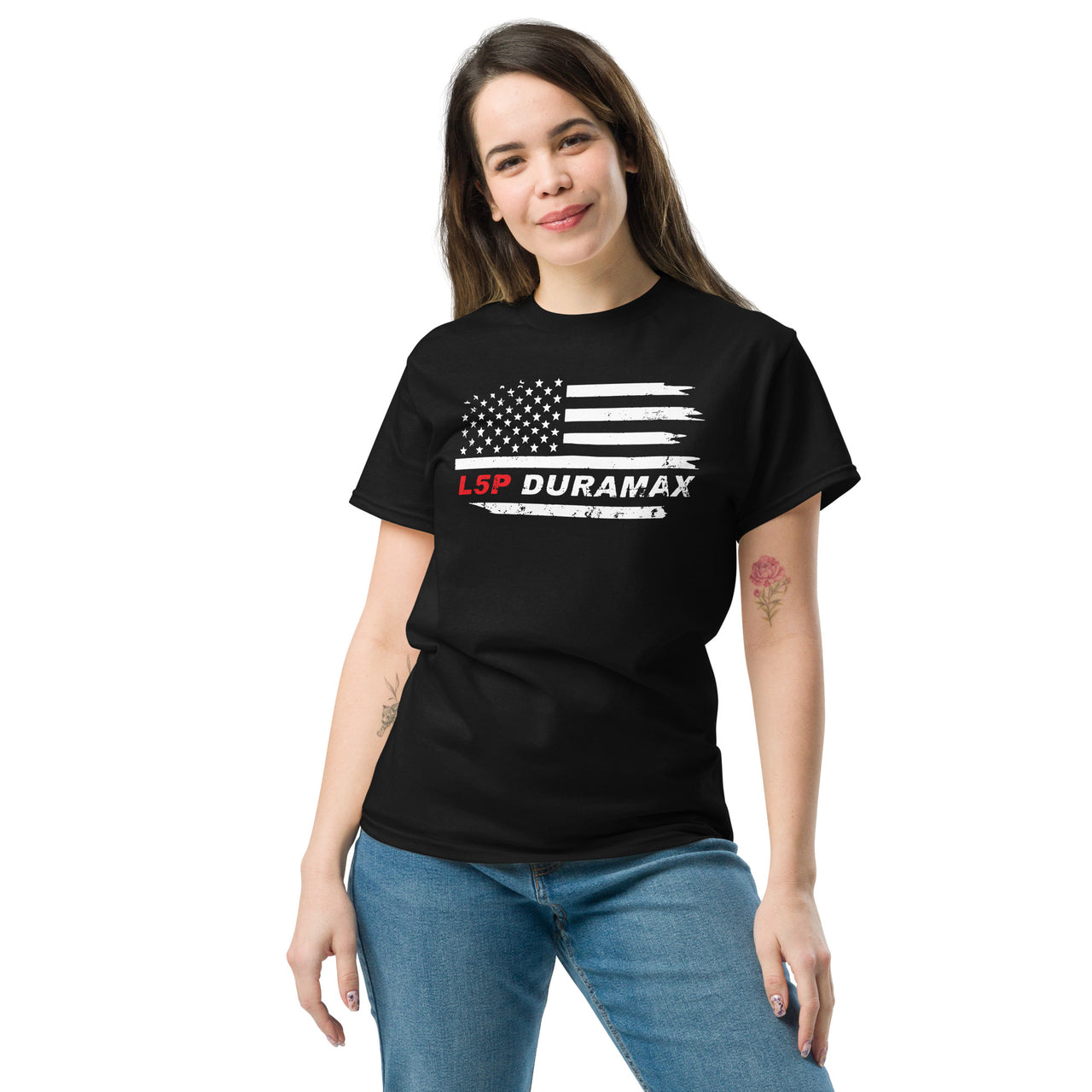 L5P Duramax T-Shirt With American Flag Design - modeled in black