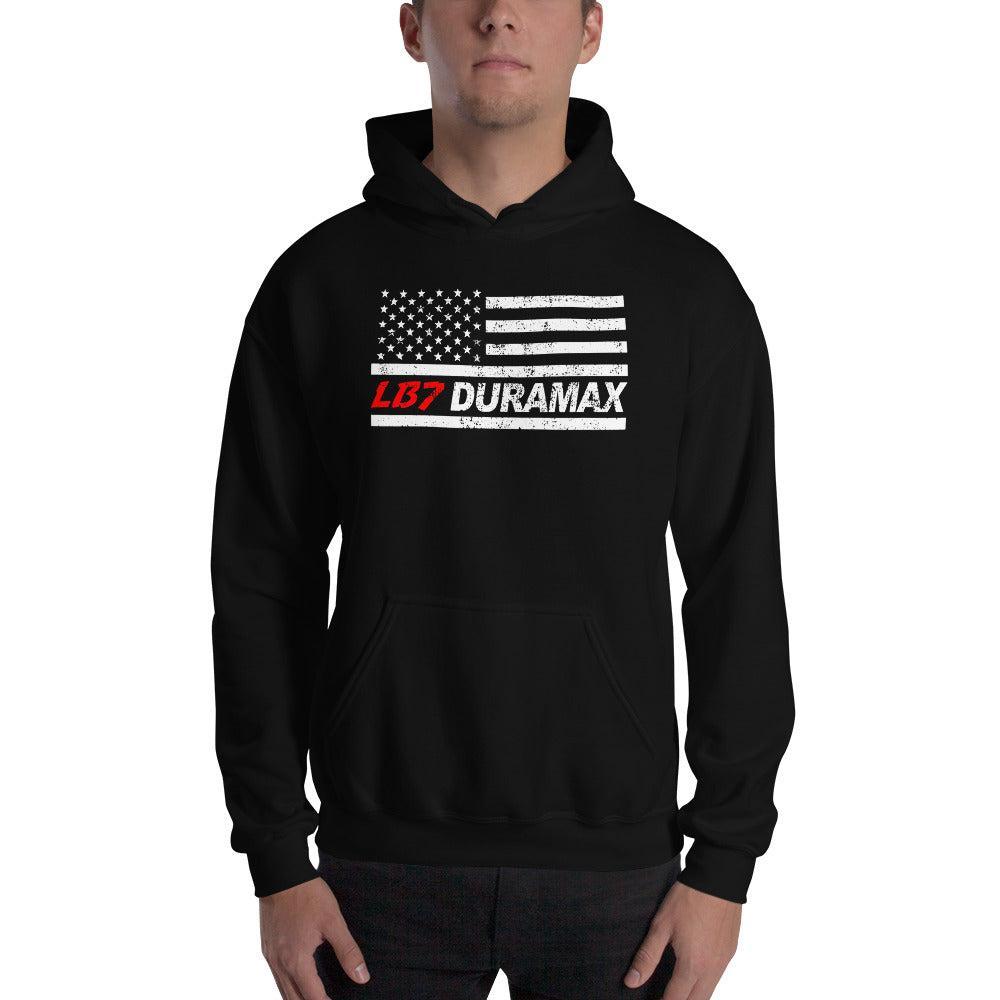 LB7 American Flag Duramax Hoodie Sweatshirt modeled in black