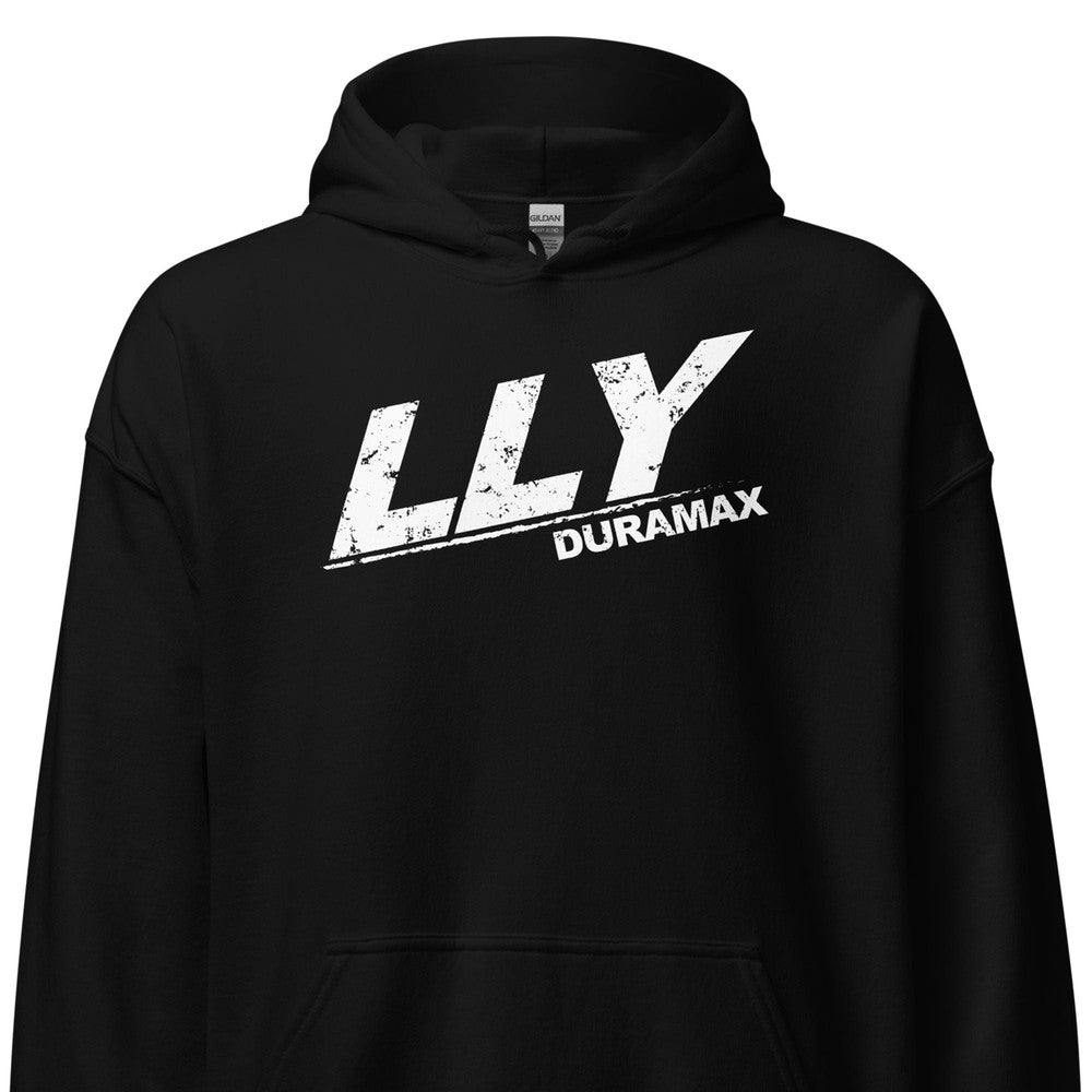 LLY Duramax Hoodie in black - close up of front print