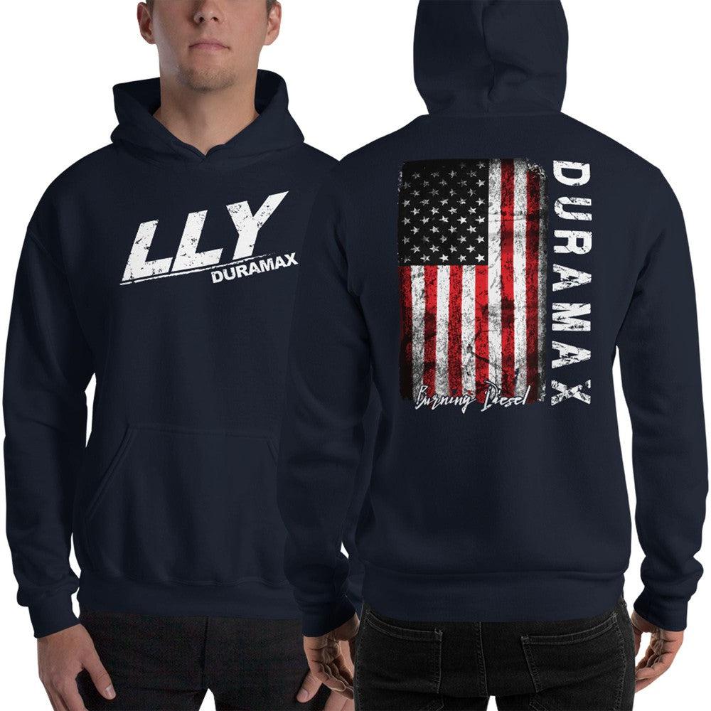 LLY Duramax Hoodie in navy modeled