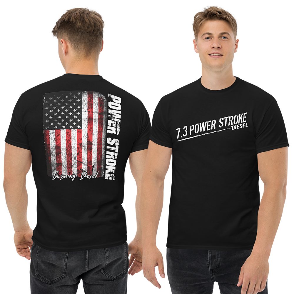man modeling 7.3 Powerstroke T-Shirt With American Flag in black