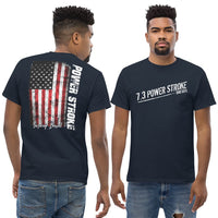 Thumbnail for man modeling 7.3 Powerstroke T-Shirt With American Flag in navy