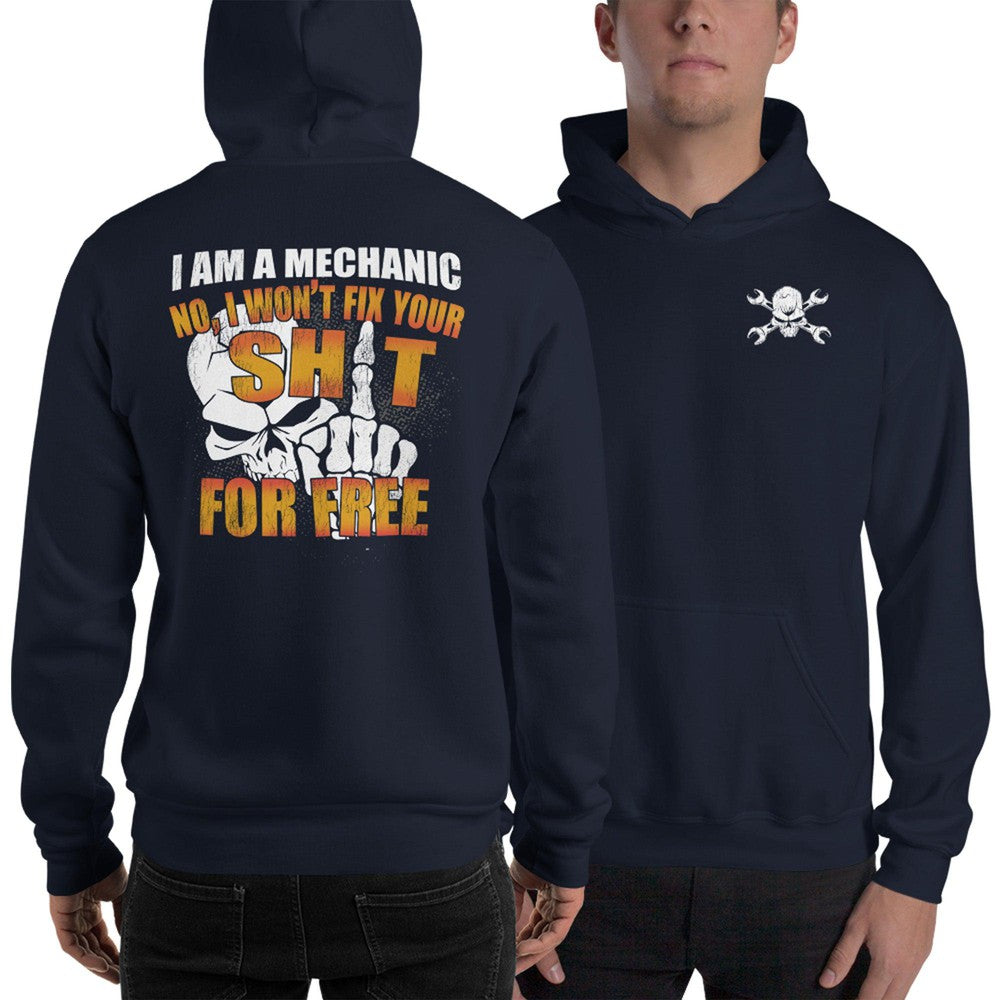 Mechanic Hoodie Sweatshirt - Wont Fix For Free - modeled in navy