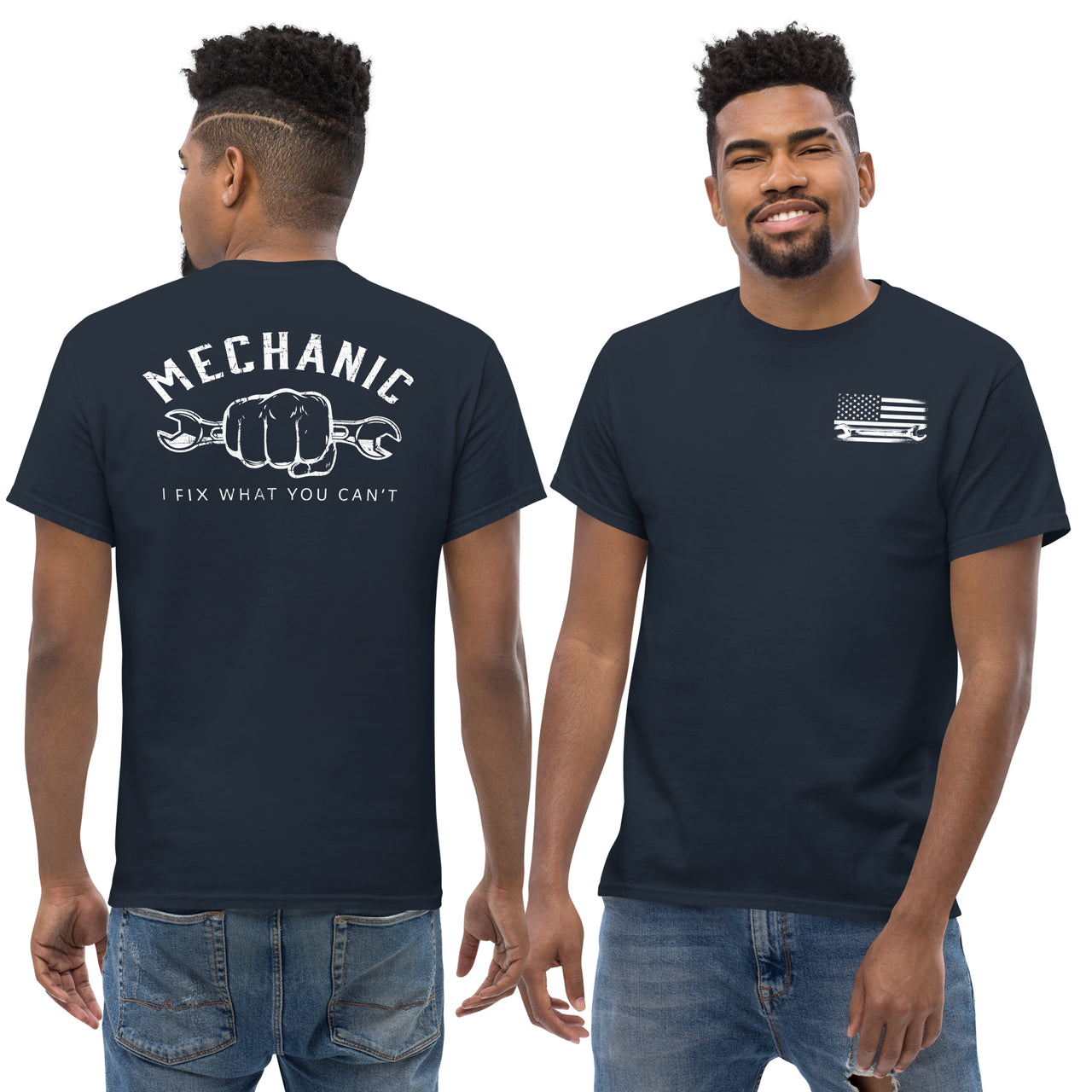 Mechanic T-Shirt - I Fix What You Cant modeled in navy