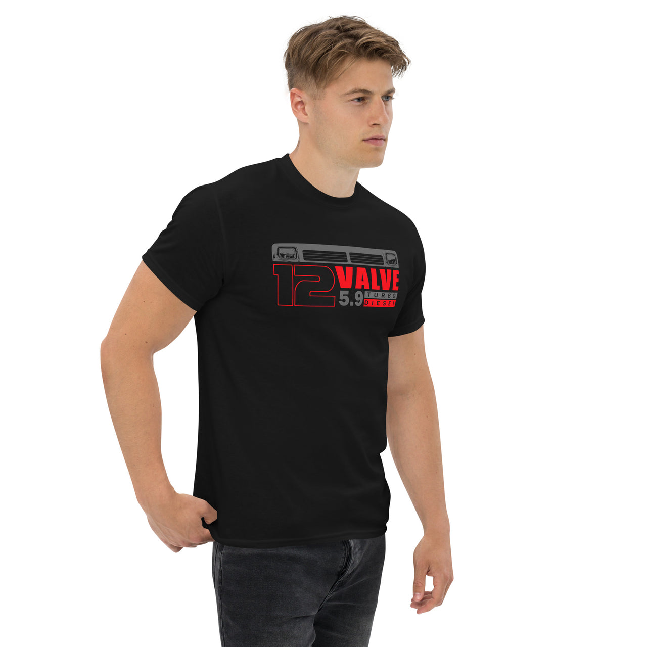 First Gen 12 Valve Diesel Truck T-Shirt modeled in black