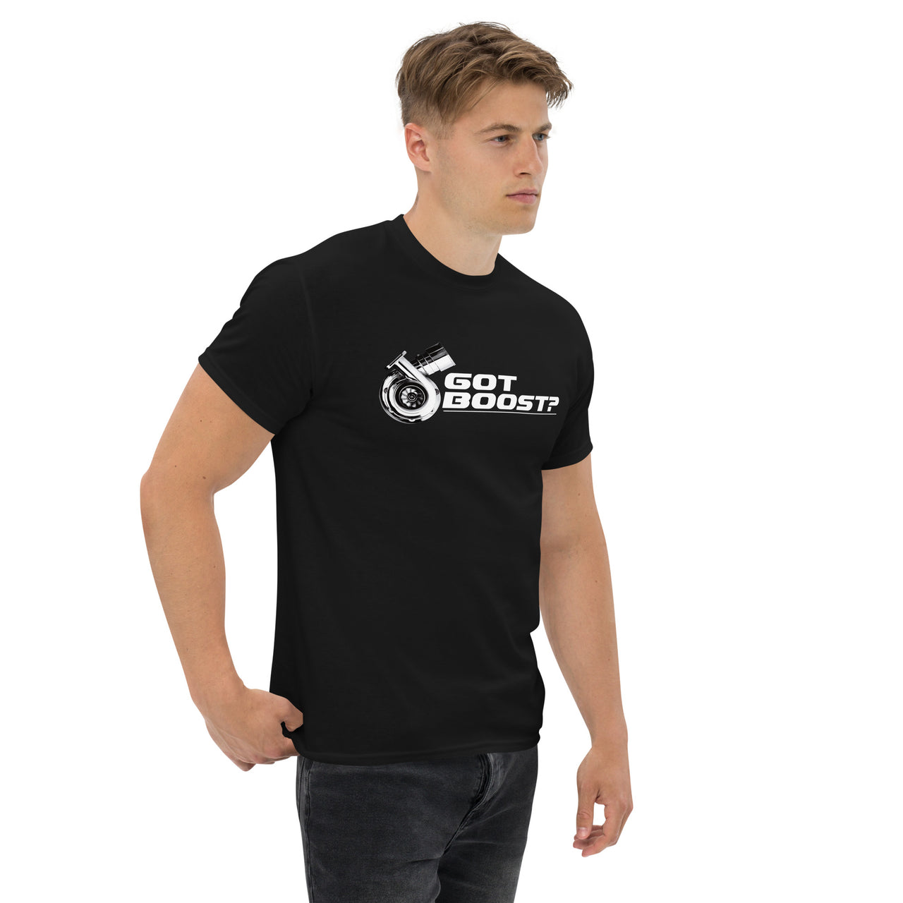 Got Boost? Funny Car Guy Turbo T-Shirt modeled in black