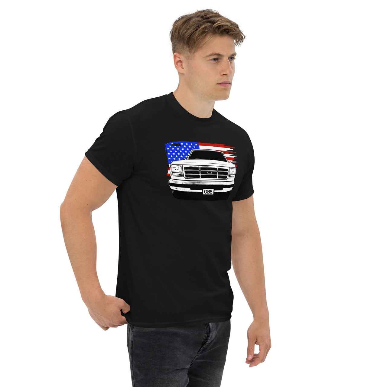 OBS Truck American Flag T-Shirt modeled in black