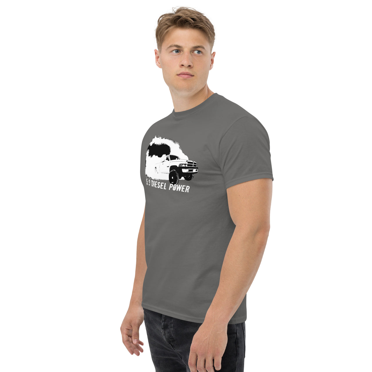 2nd Gen 5.9 Diesel Burnout Rolling Coal T-Shirt modeled in grey