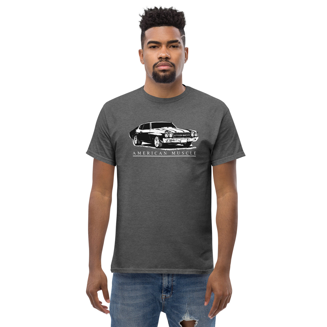 man modeling a 1970 Chevelle SS T-Shirt in grey