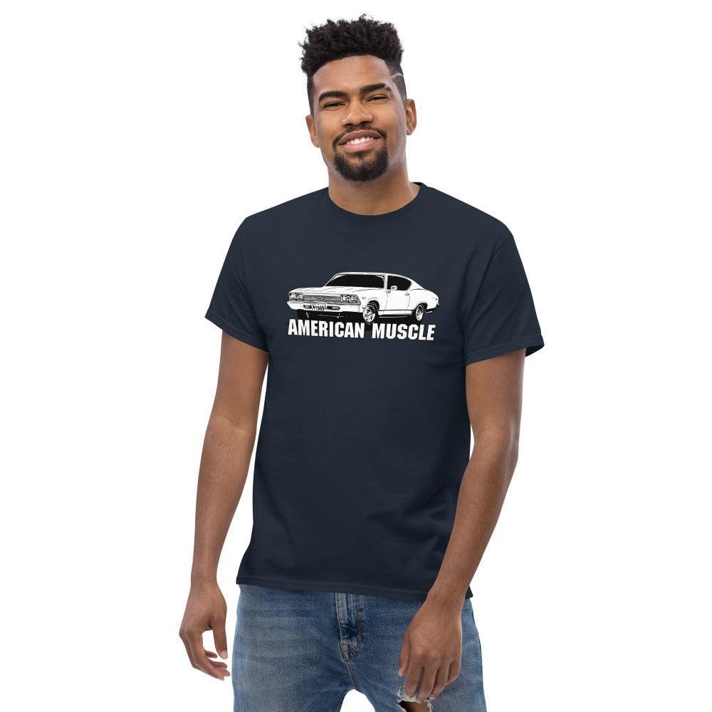 man modeling a 1969 chevelle t-shirt in navy