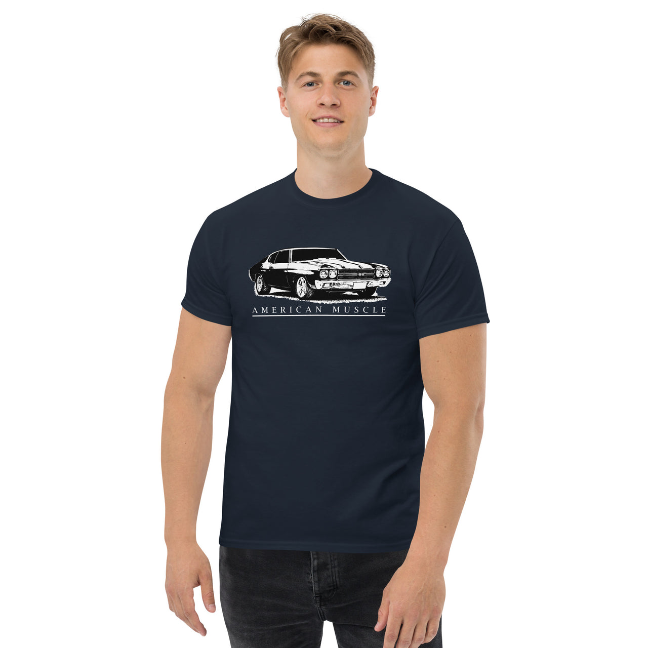 man modeling a 1970 Chevelle SS T-Shirt in navy