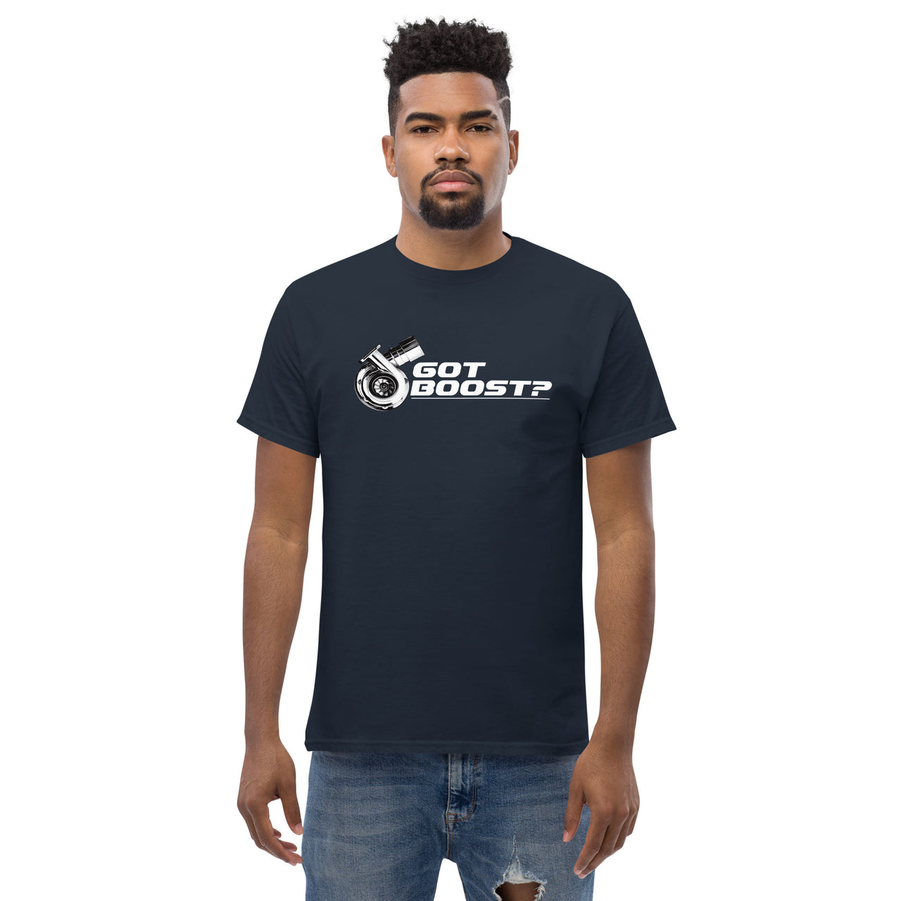 Got Boost? Funny Car Guy Turbo T-Shirt modeled in navy