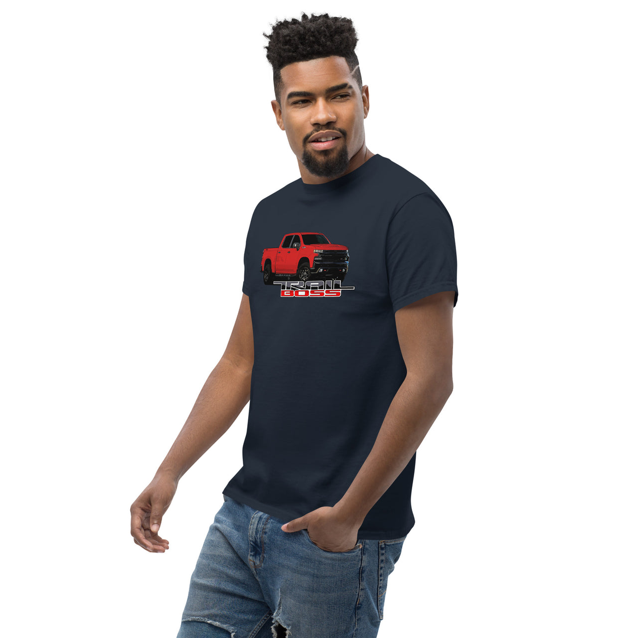 Red Trail Boss Truck T-Shirt modeled in navy