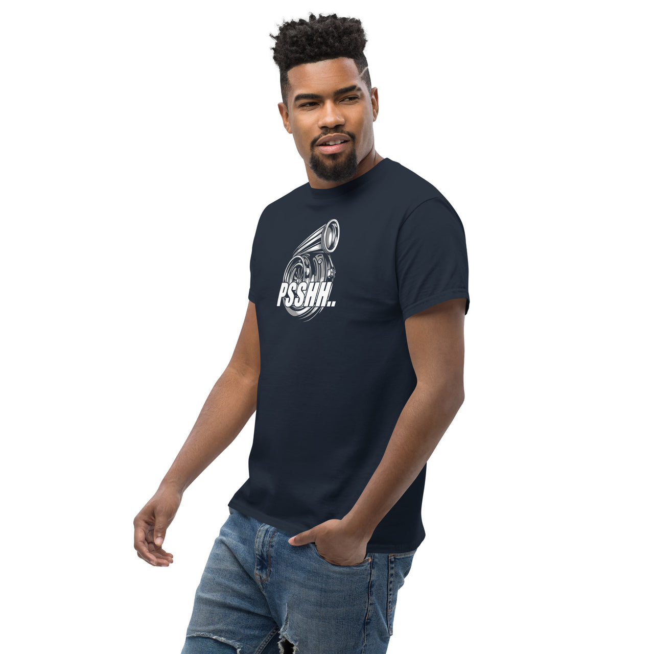 Funny Car Guy Turbo T-Shirt - PSSHH modeled in navy