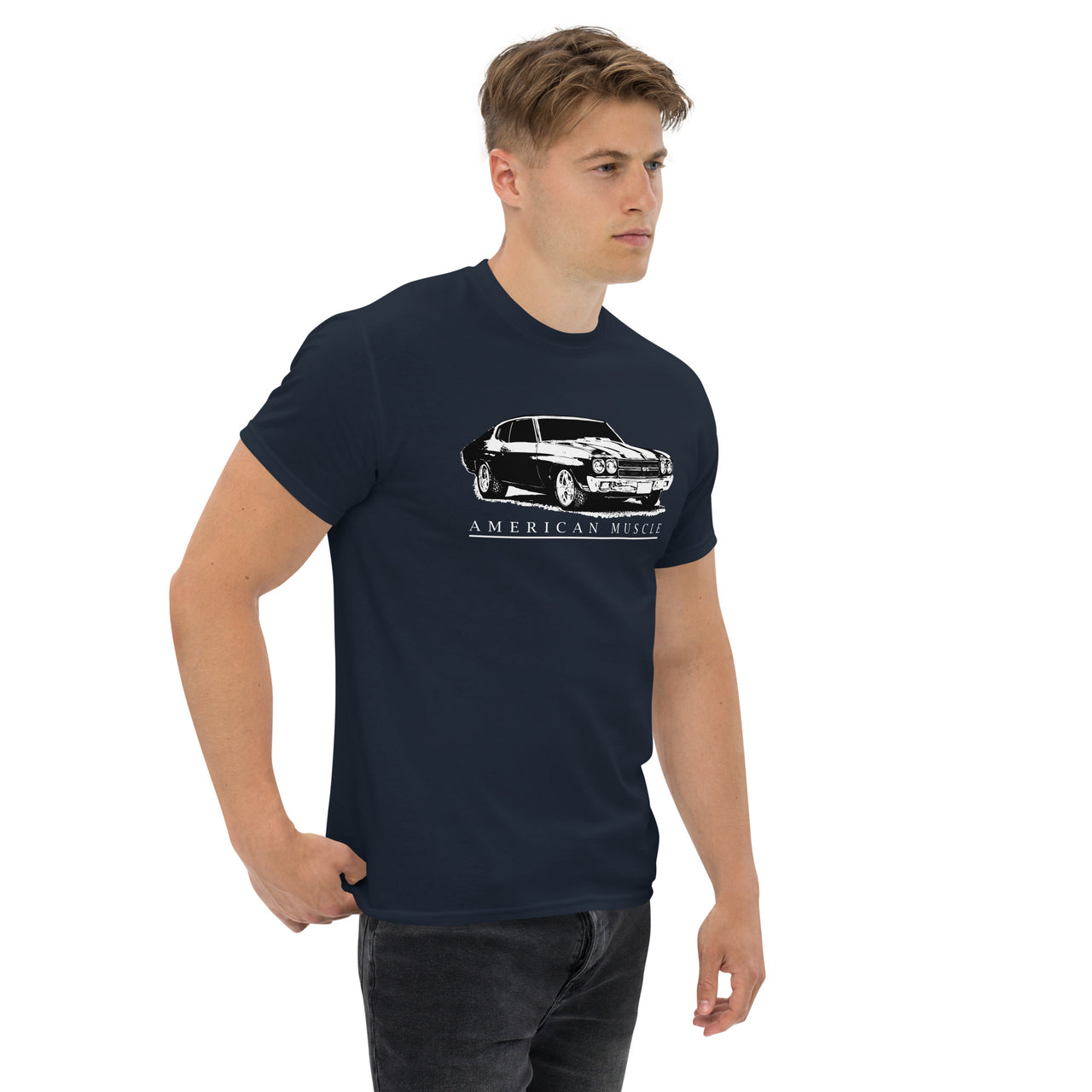 man modeling a 1970 Chevelle SS T-Shirt in navy