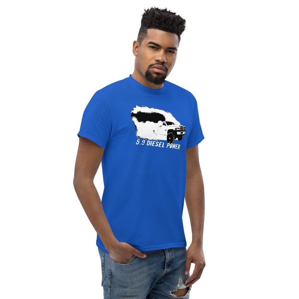 2nd Gen 5.9 Diesel Burnout Rolling Coal T-Shirt modeled in royal