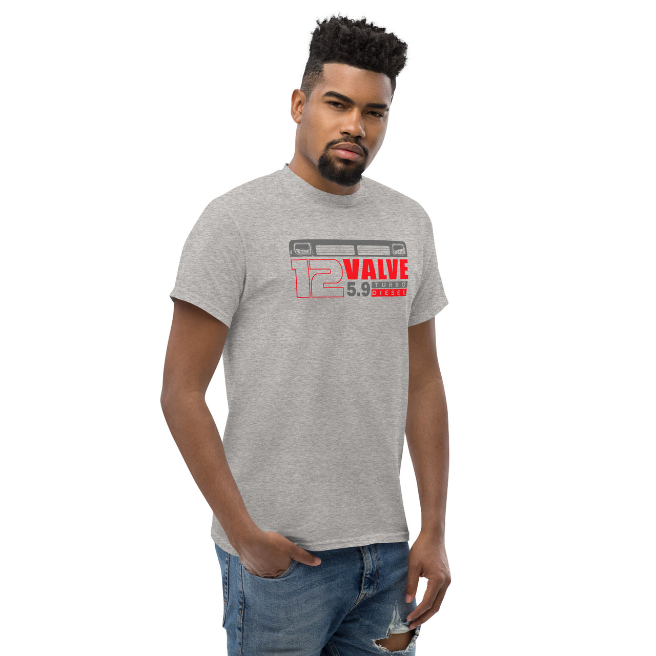 First Gen 12 Valve Diesel Truck T-Shirt modeled in grey