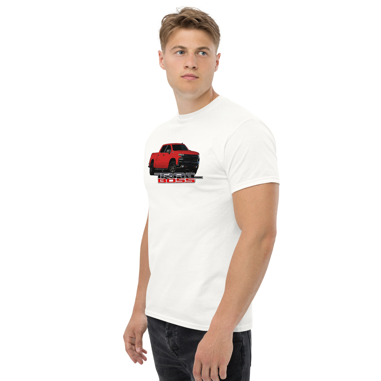 Red Trail Boss Truck T-Shirt modeled in white