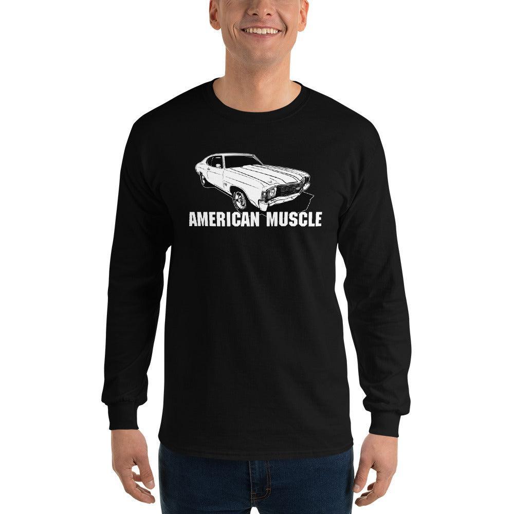 man modeling a 1972 Chevelle Car Long Sleeve Shirt American Muscle Car Tee black