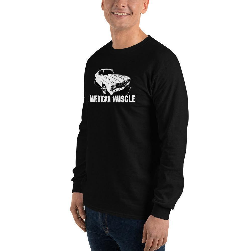 man modeling a 1972 Chevelle Car Long Sleeve Shirt American Muscle Car Tee black