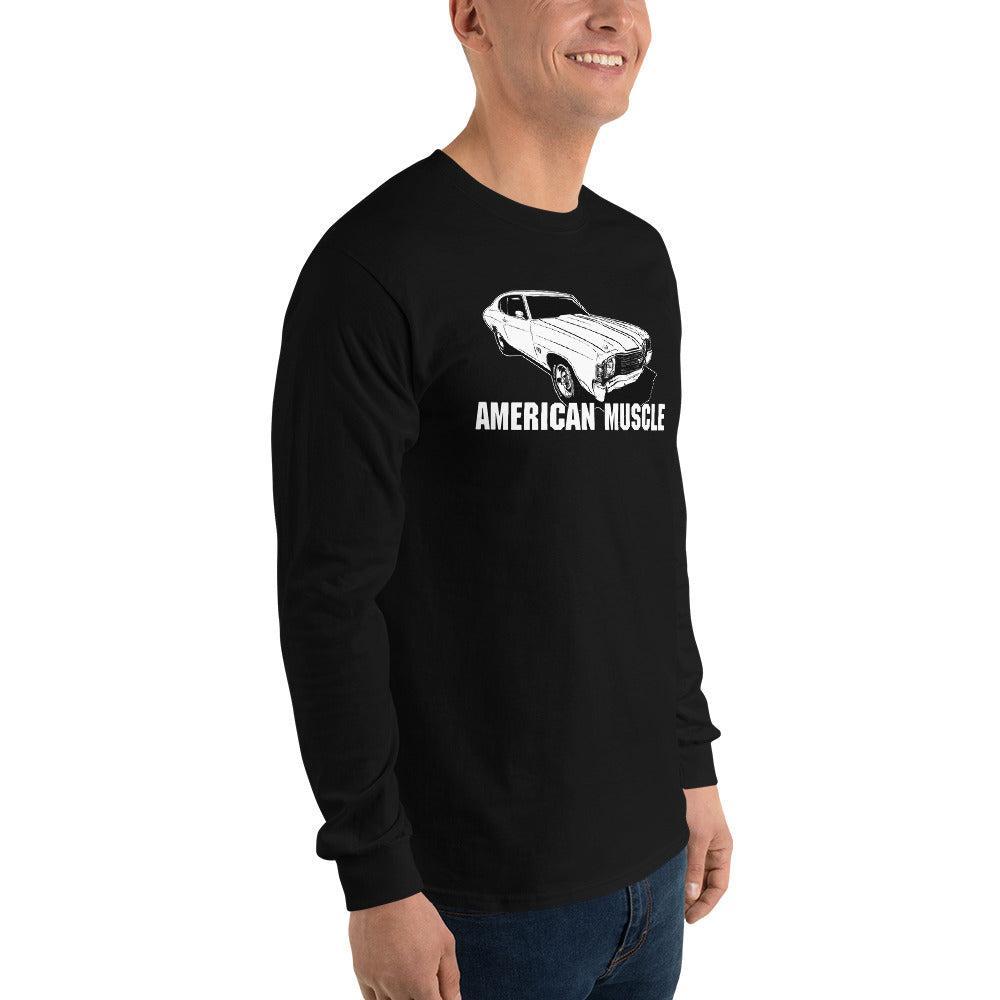 man modeling a 1972 Chevelle Car Long Sleeve Shirt American Muscle Car Tee black