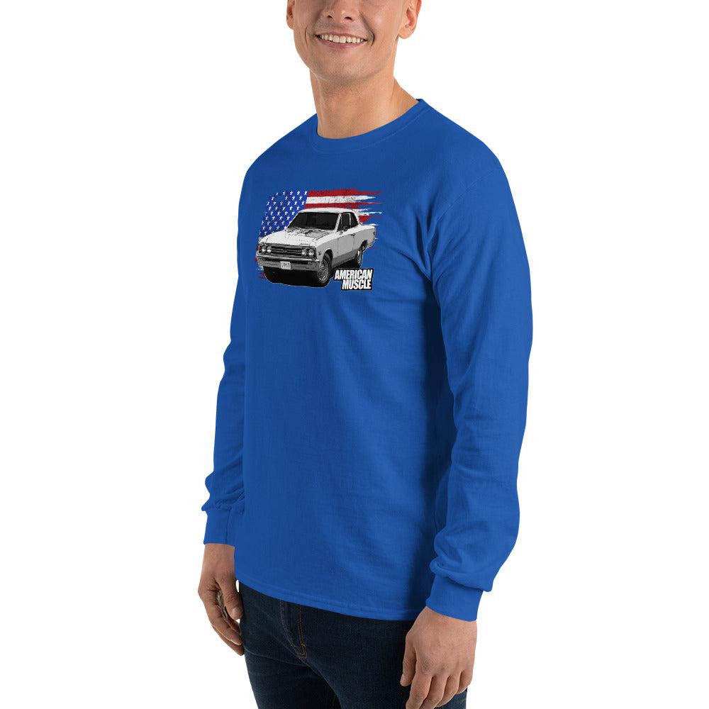man modeling a 1967 Chevelle Long Sleeve Shirt With American Flag in royal
