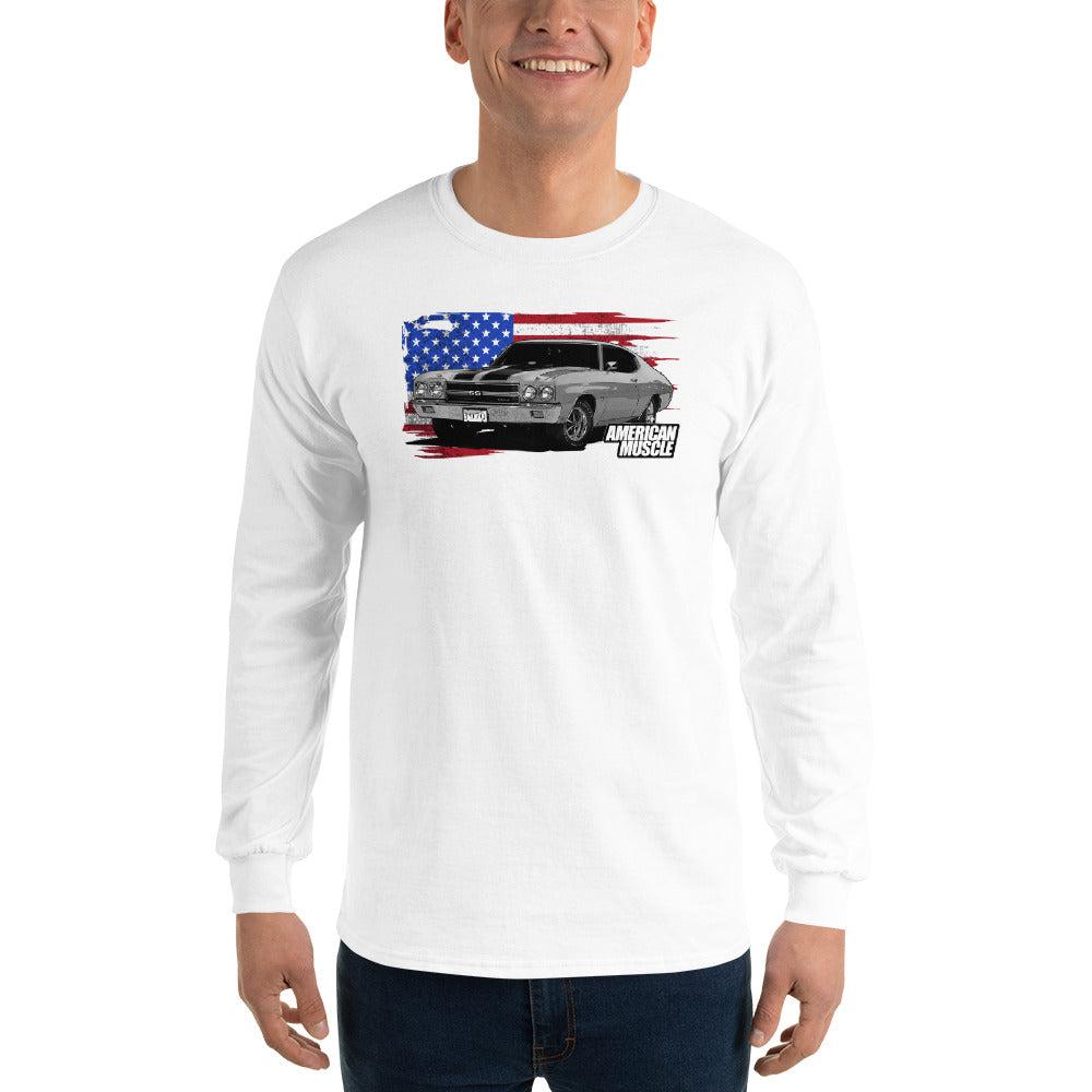 1970 Chevelle Long Sleeve Shirt modeled in white