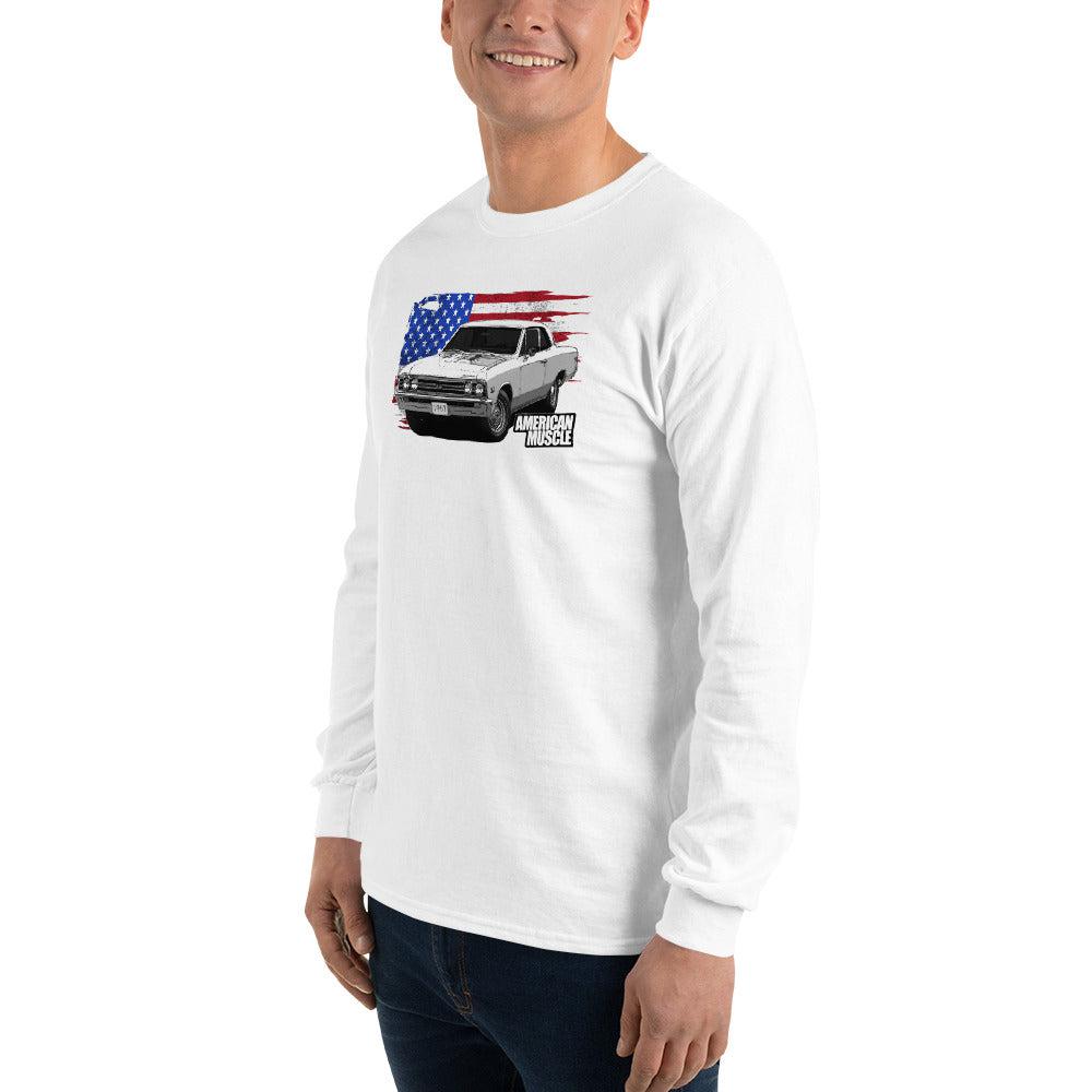 man modeling a 1967 Chevelle Long Sleeve Shirt With American Flag in white