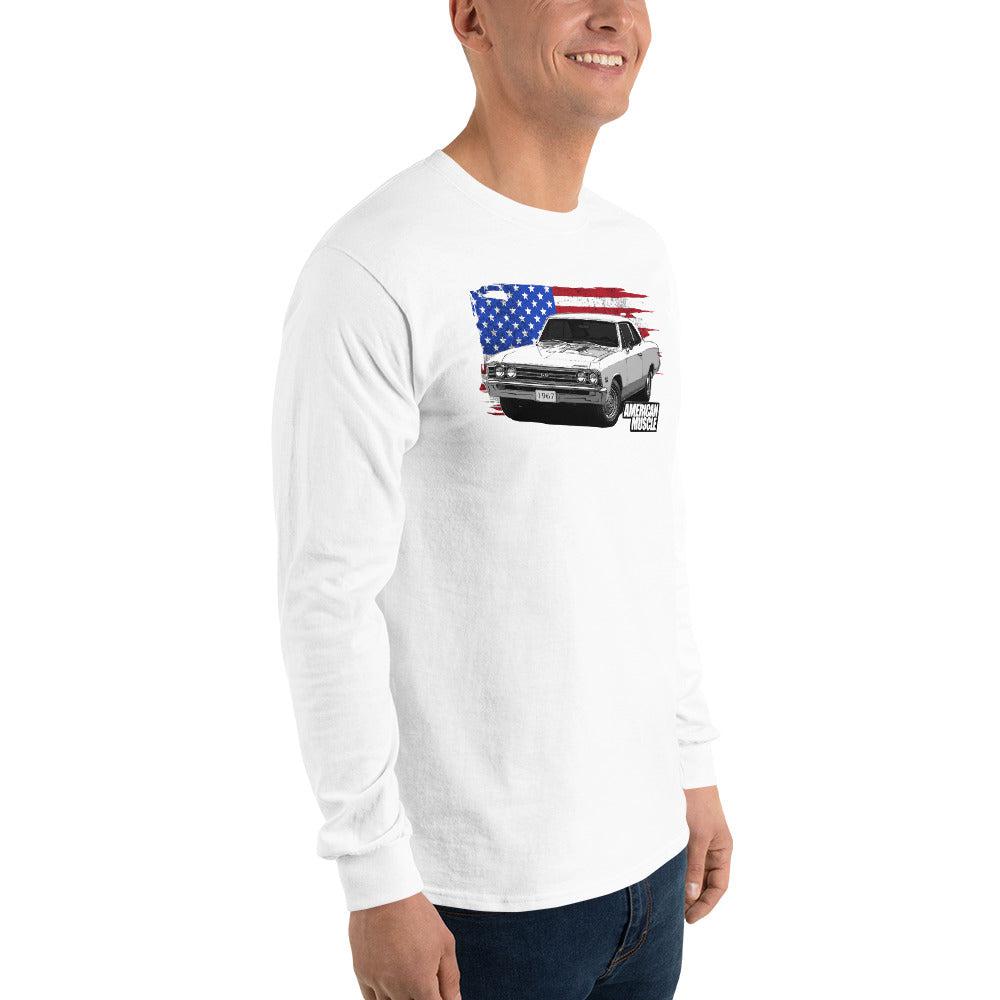 man modeling a 1967 Chevelle Long Sleeve Shirt With American Flag in white