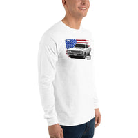 Thumbnail for man modeling a 1967 Chevelle Long Sleeve Shirt With American Flag in white