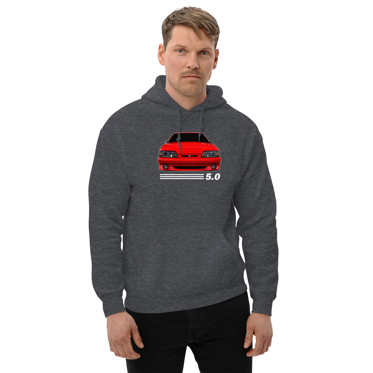 Fox Body Mustang 5.0 Hoodie modeled in grey