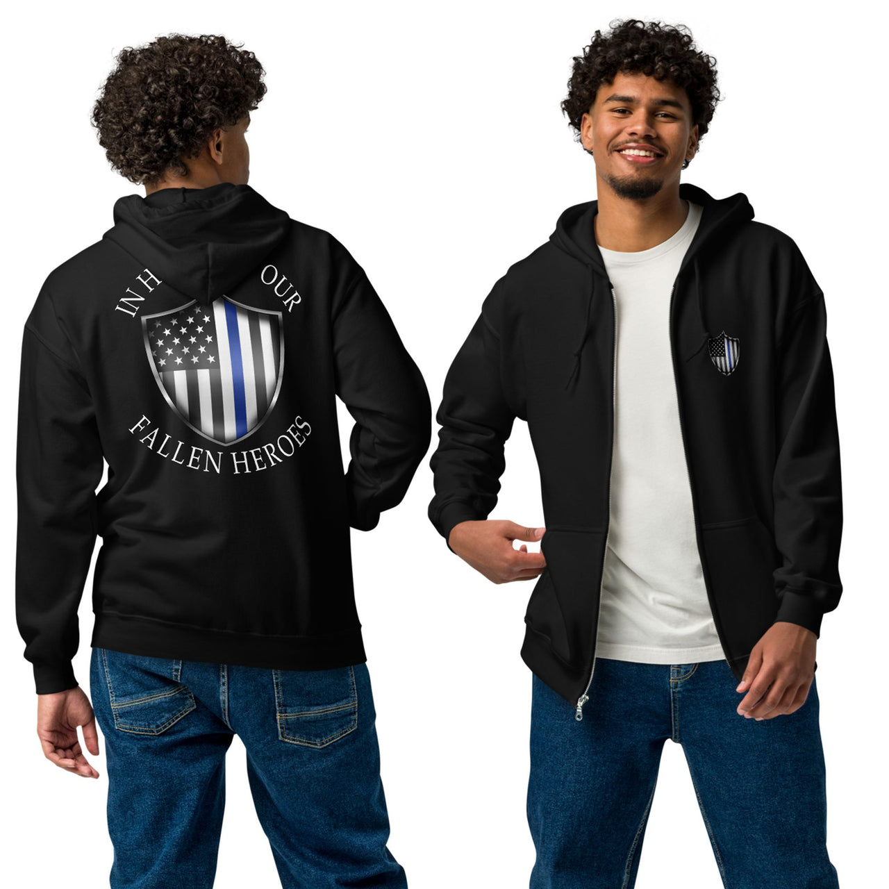 Thin Blue Line Police ZIP-UP Hoodie Sweatshirt-In-Black-From Aggressive Thread