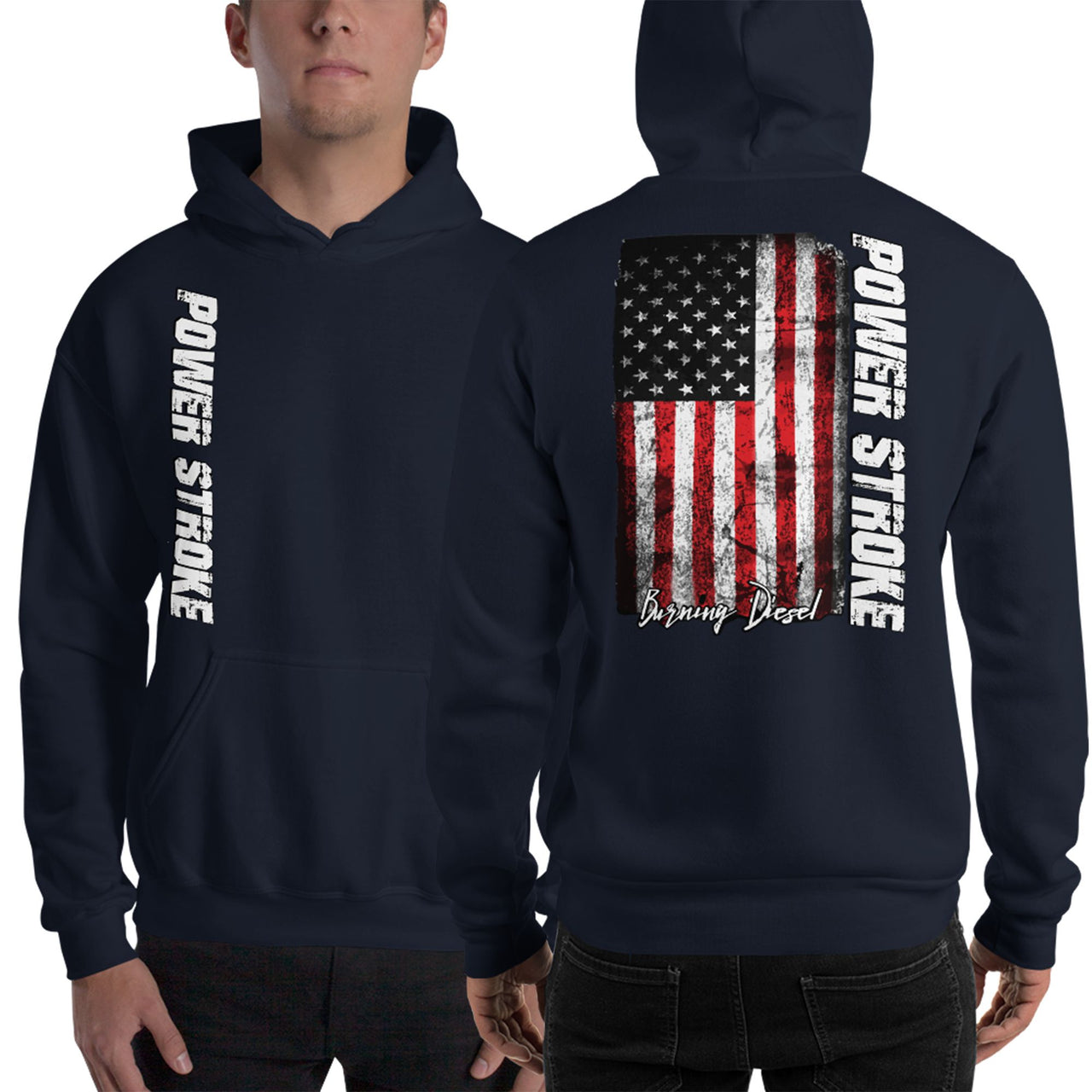 Powerstroke Hoodie with American Flag modeled in navy