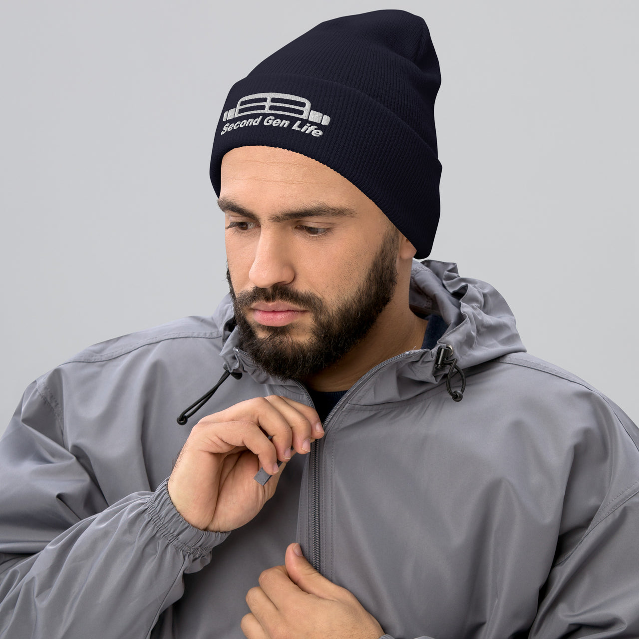 second gen life winter hat modeled in navy