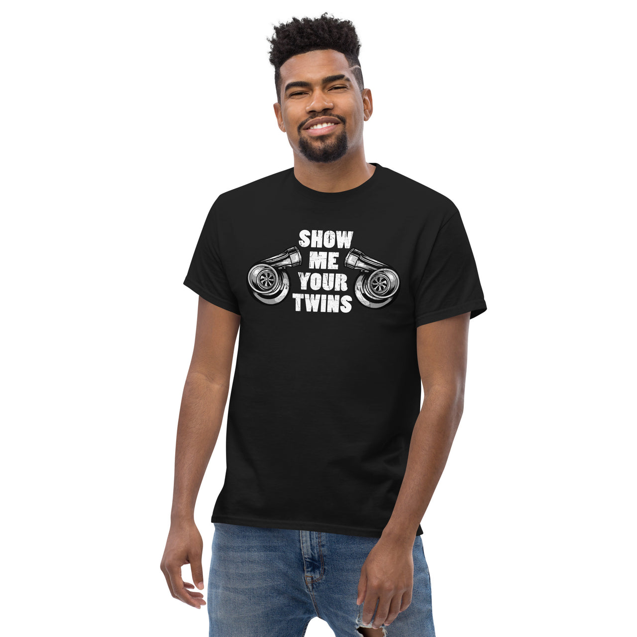 Show Me Your Twins Funny Turbo T-Shirt modeled  in black