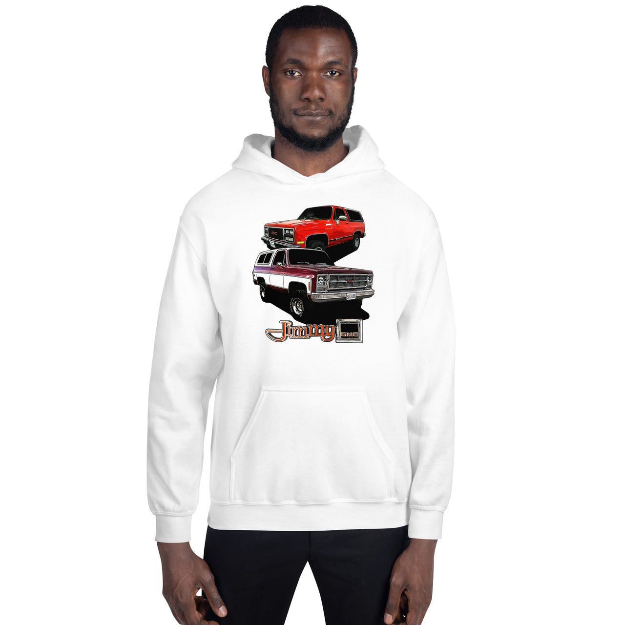 Square Body GMC Jimmy Sweatshirt modeled in white