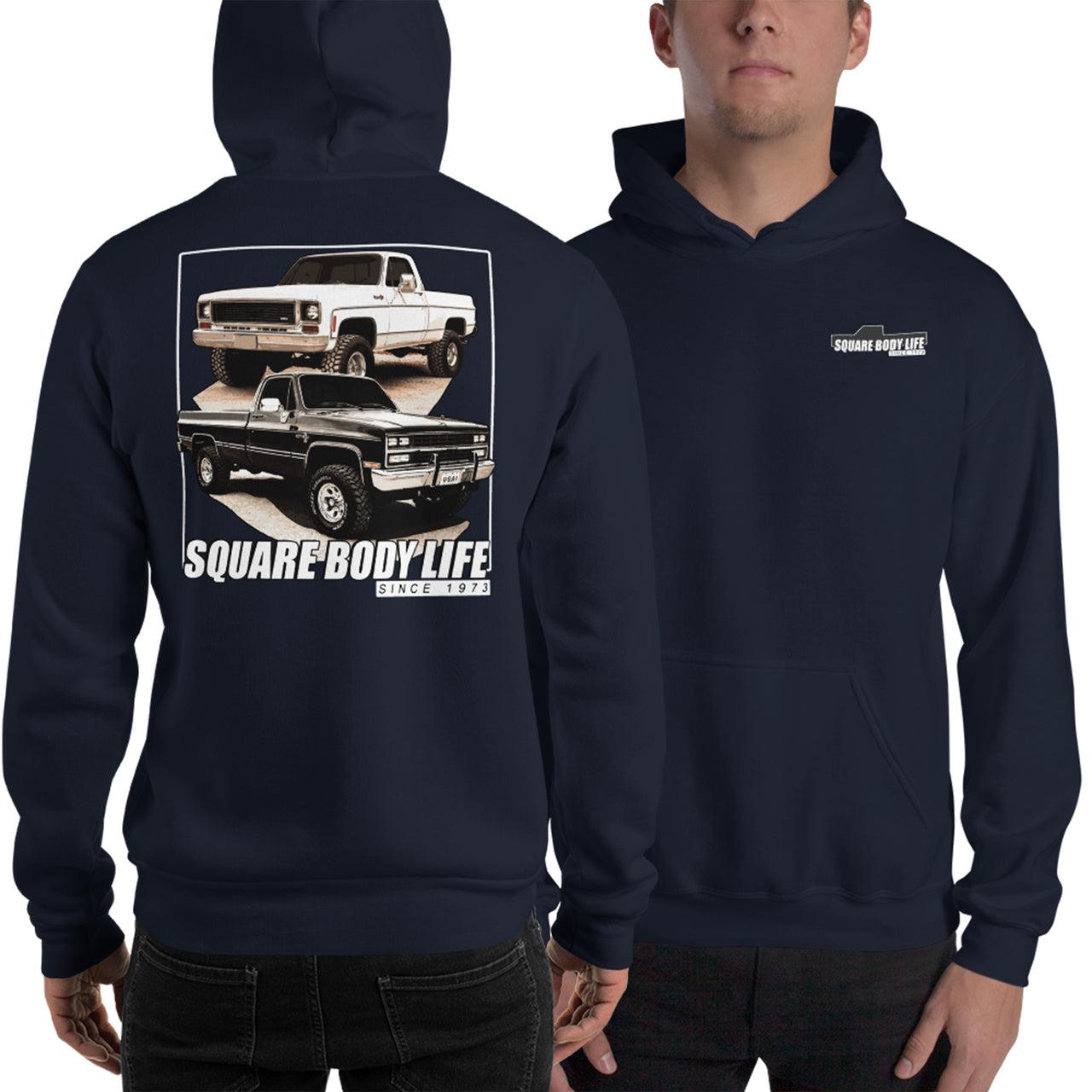 Square Body Life Hoodie modeled in navy