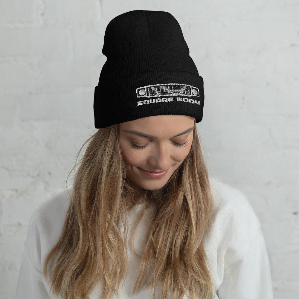Squarebody Square Body Round Eye Winter Hat Cuffed Beanie modeled in black