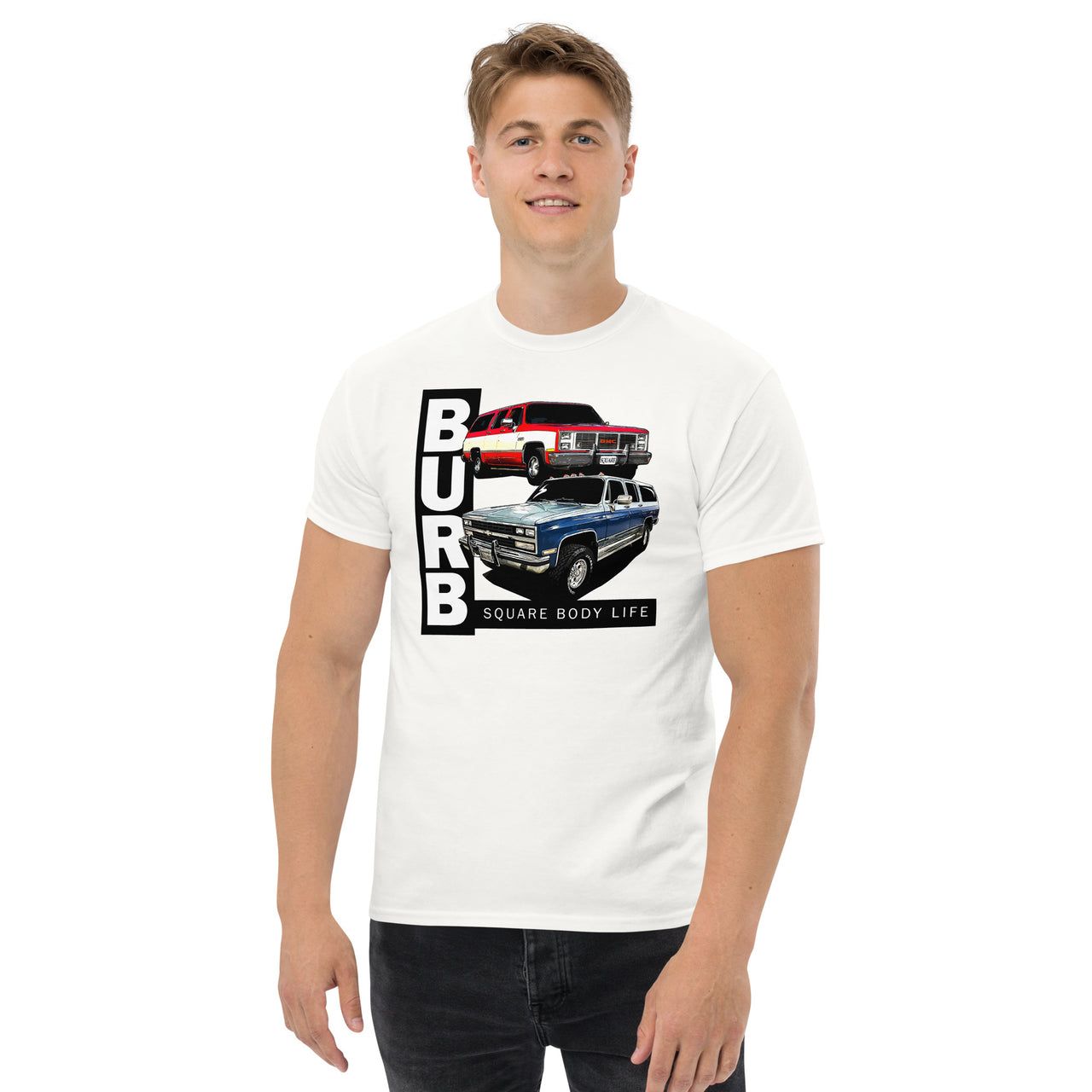 squarebody suburban tshirt modeled in white