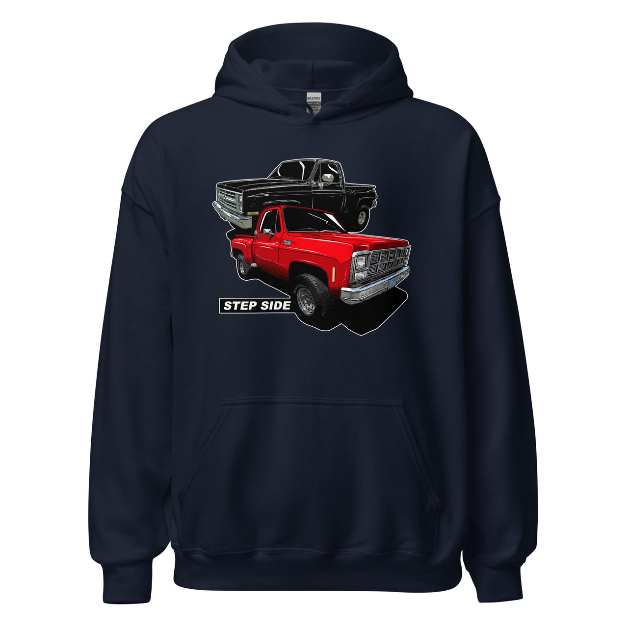 step side square body truck hoodie in navy