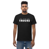 Thumbnail for Still Plays With Trucks T-Shirt modeled in black