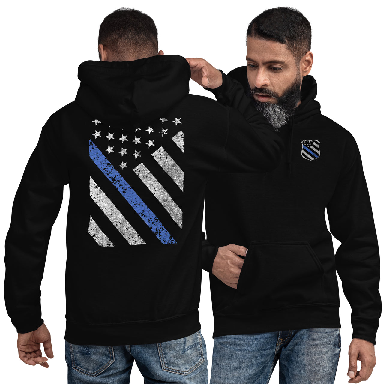 Thin Blue Line Hooded sweatshirt modeled in black