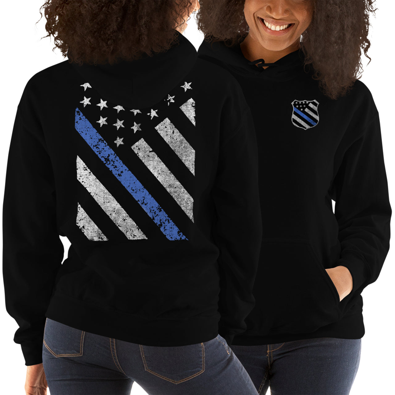 Thin Blue Line Hooded sweatshirt modeled in black