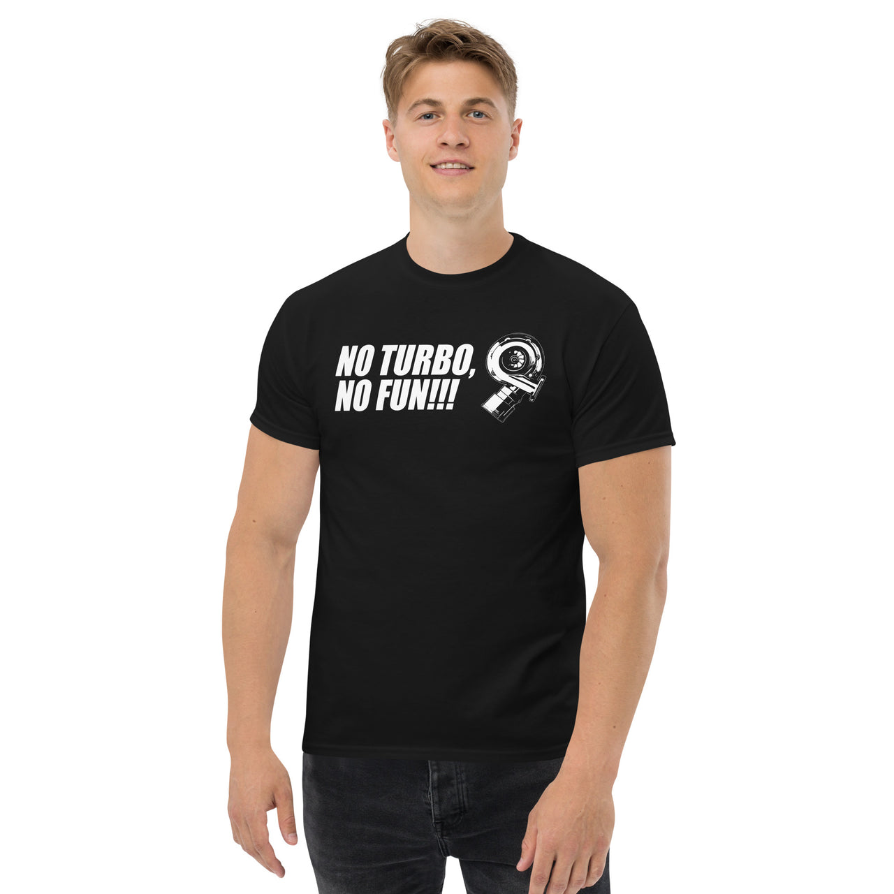 turbo car enthusiasts t-shirt modeled in black