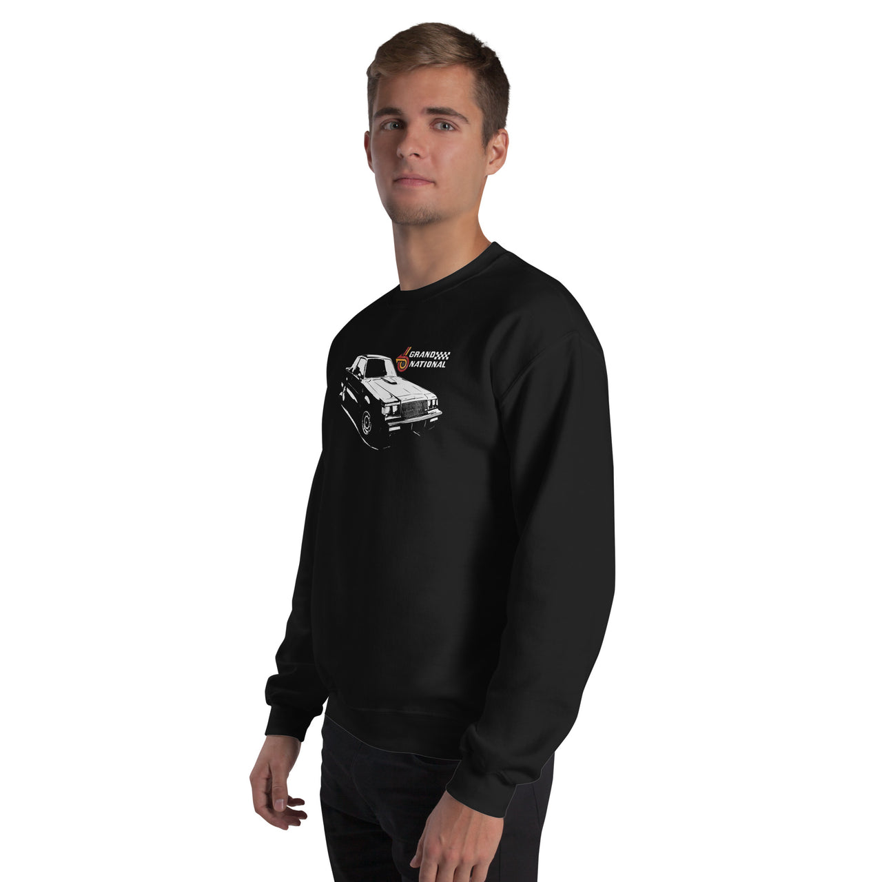 Grand National Crew Neck Sweatshirt modeled in black - left view