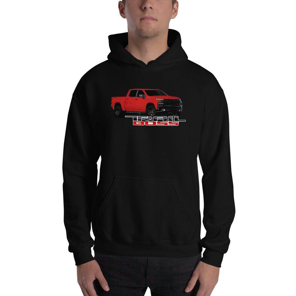 Red Trail Boss Truck Hoodie modeled in black