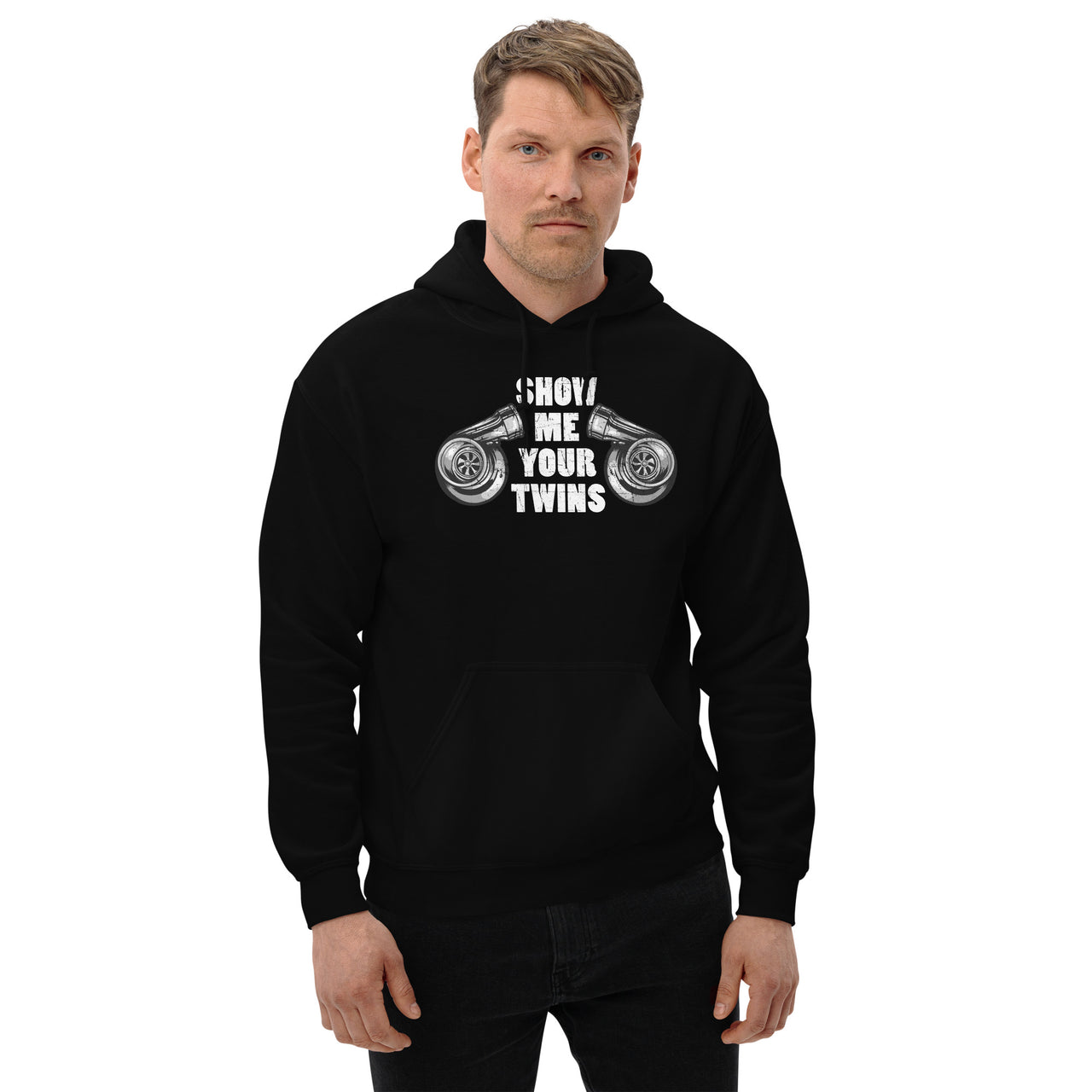 Show Me Your Twins Turbo Hoodie modeled in black