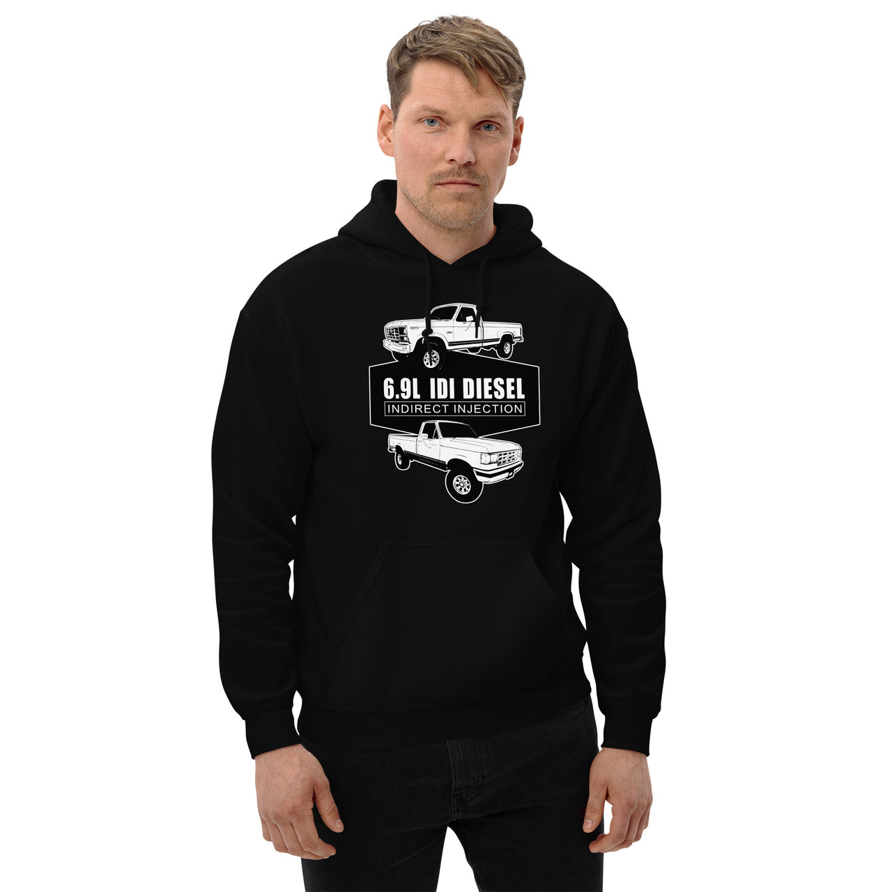 6.9 IDI 80s and 90s F250 Diesel Truck Hoodie modeled in black